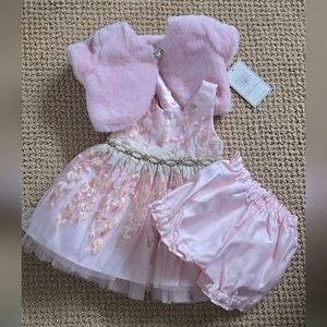 Pink NWT Dress Set with Faux Fur Bolero And Bloomers 12 Months